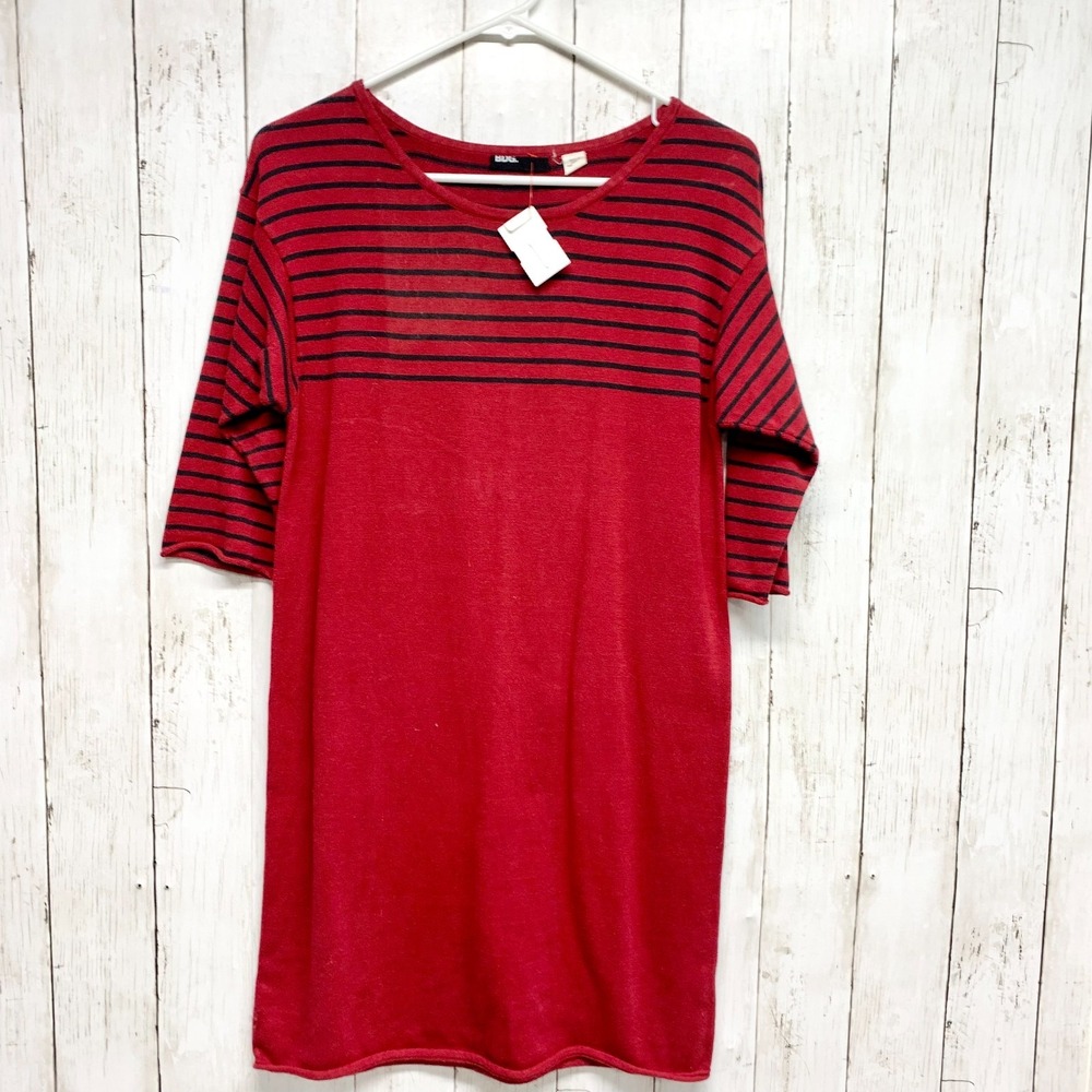 BDG Striped Tunic Dress Women Medium Red Black 3/4 Sleeve Cotton Knit Scoop Neck